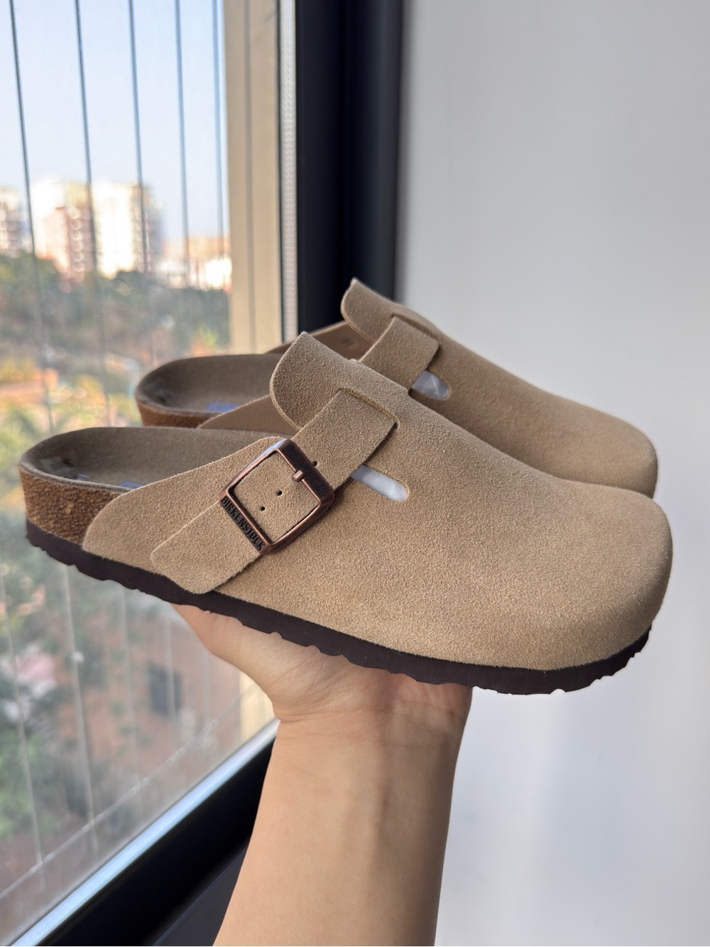 Birkenstock Boston taupe suede mule clogs